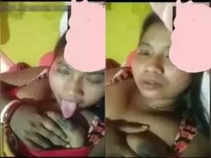 Today Exclusive- Desi Village Wife Sucking Her Boobs on Video Call